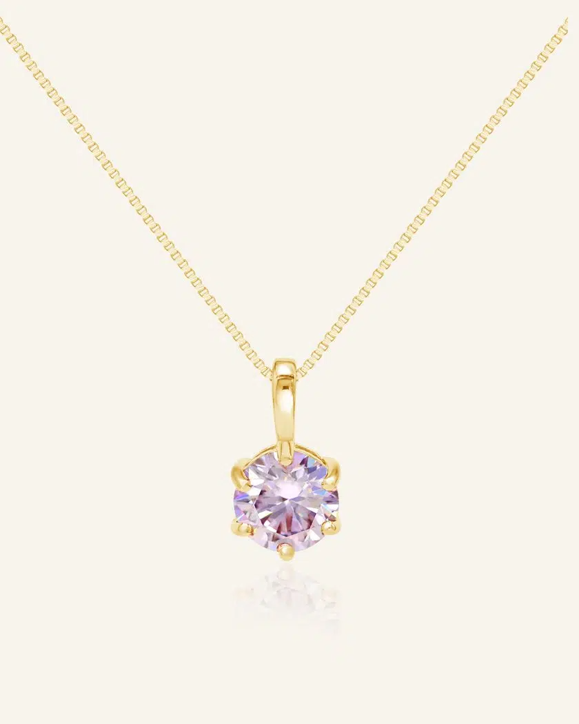 Classic One Carat Moissanite Necklace Lilac Yellow Gold