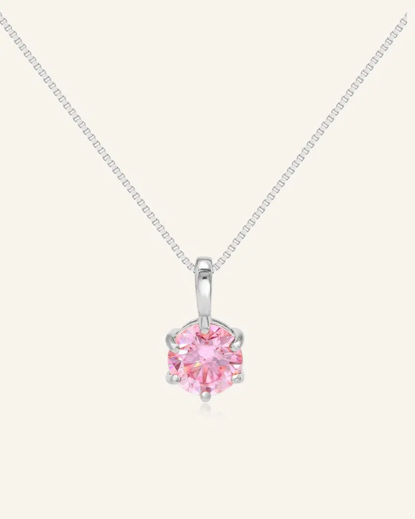 Classic One Carat Moissanite Necklace Pink Silver