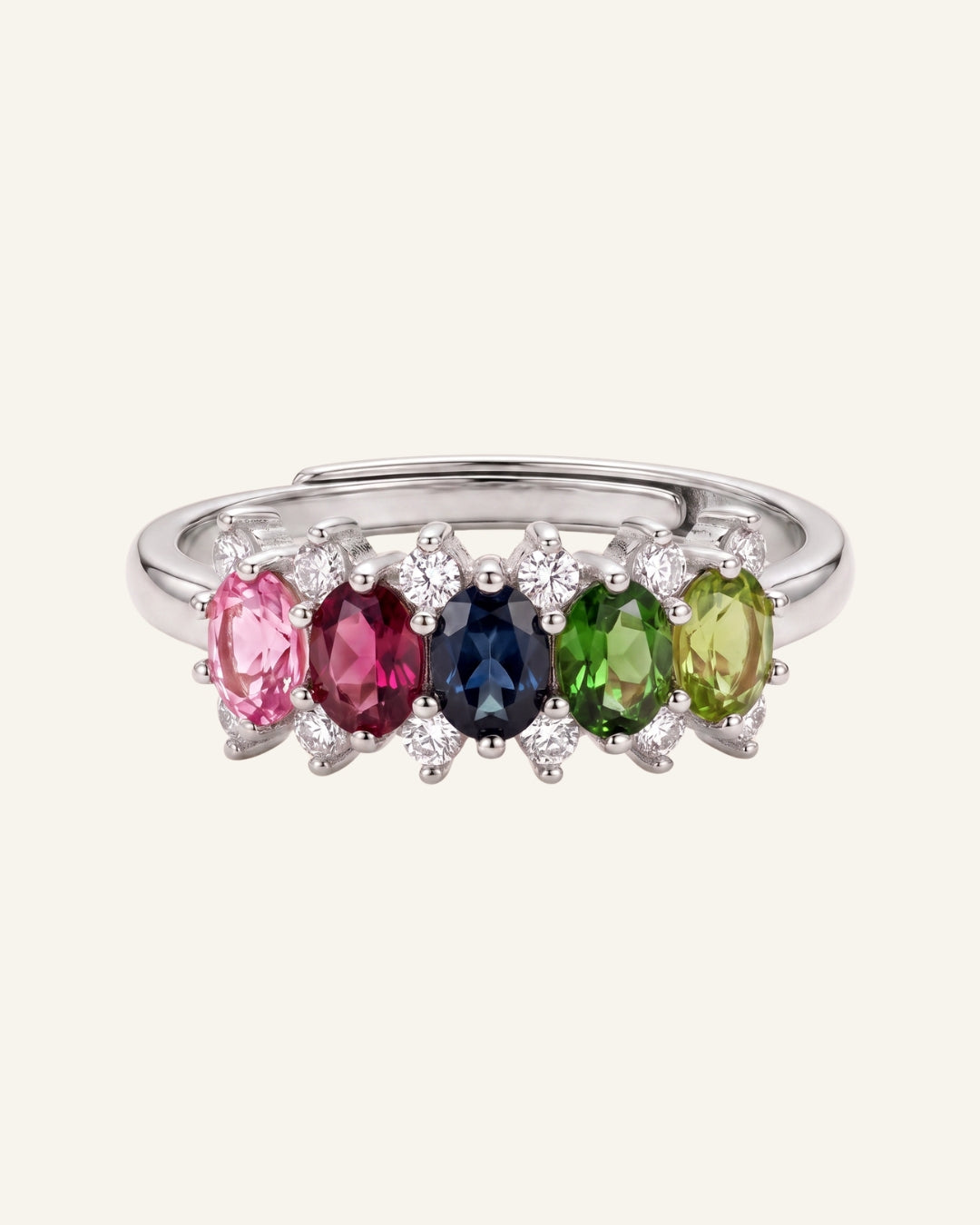 Front studio shot of a 925 sterling silver Color Burst Oval Ring featuring five natural colorful oval gemstones.