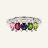 Front studio shot of a 925 sterling silver Color Burst Oval Ring featuring five natural colorful oval gemstones.