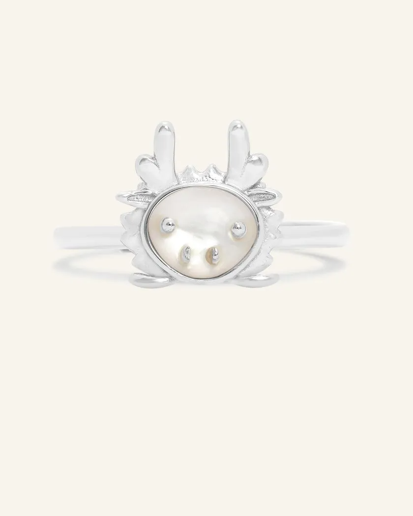 Dragon Zodiac Mother of Pearl Ring in silver, featuring a radiant mother of pearl centerpiece with intricate dragon-inspired details, embodying strength, wisdom, and power.