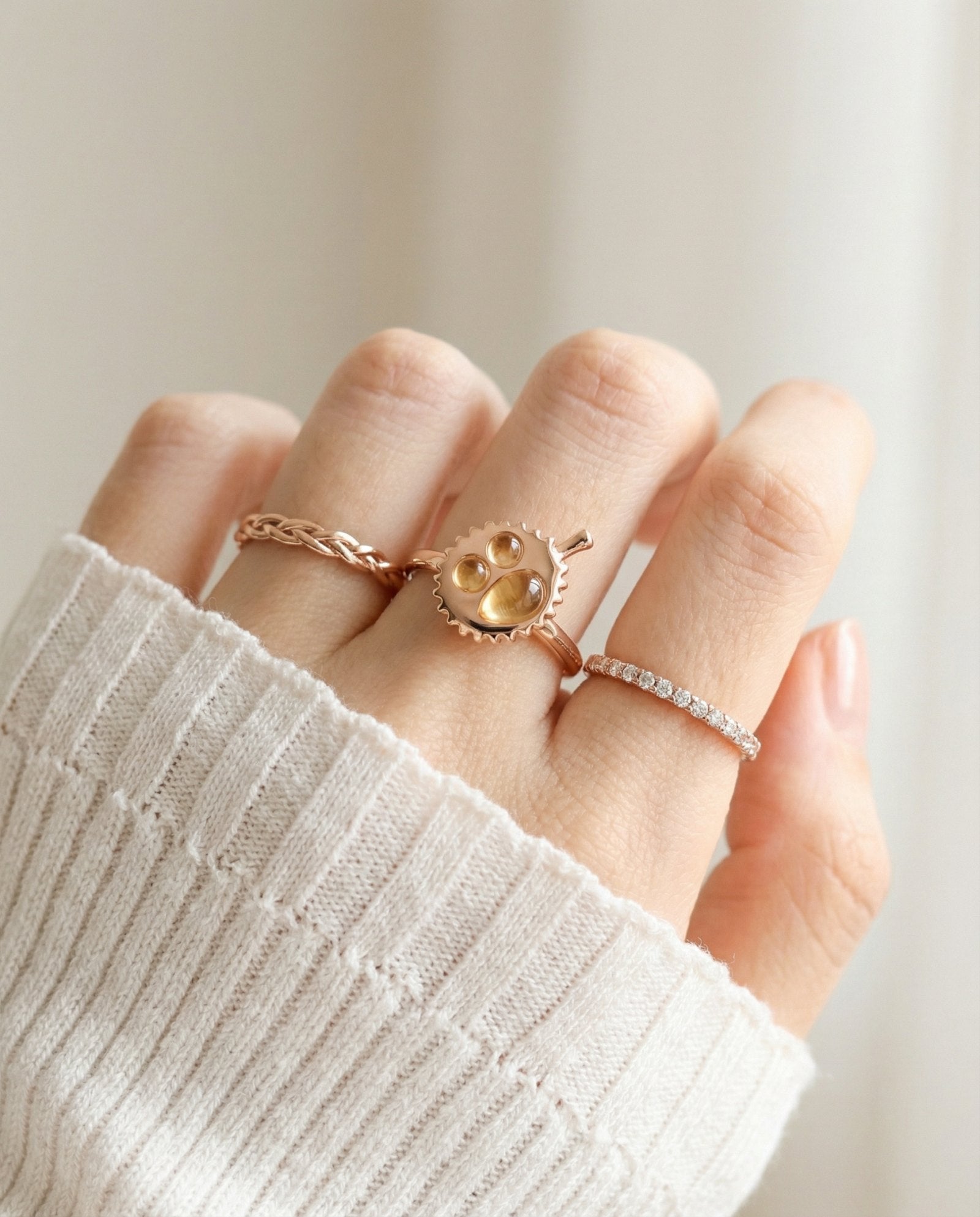 Durian Citrine Ring in rose gold, worn on a model