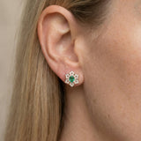 Lifestyle view of the Emerald Starflower Studs in rose gold, showing the delicate scale and sparkle on the ear.