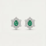Main product image of the Emerald Starflower Studs in silver, featuring a geometric star-shaped halo.