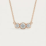 Main front-facing product image of the Everglow Trilogy Moissanite Necklace in 18k rose gold plating over 925 sterling silver.