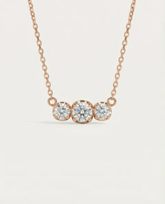 Main front-facing product image of the Everglow Trilogy Moissanite Necklace in 18k rose gold plating over 925 sterling silver.