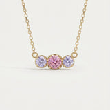 Main product view of the 18k yellow gold plated Everglow Trilogy Necklace with Cotton Candy colorful moissanite.