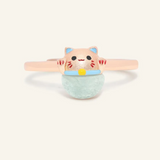A whimsical Fortune Cat ring crafted in rose gold, featuring a vibrant blue chalcedony gemstone. The adorable Maneki-neko design symbolizes luck and positivity, perfect for adding charm to any outfit.