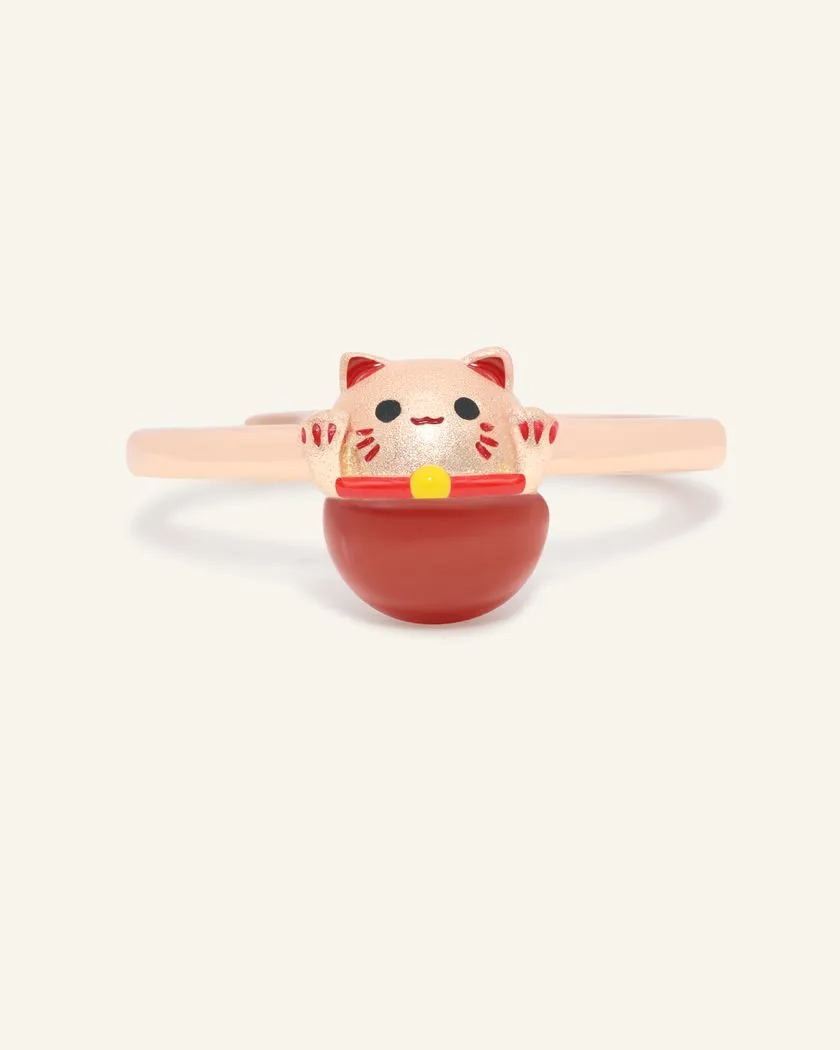 Fortune Cat Ring crafted with a playful design featuring a red agate gemstone and rose gold accents