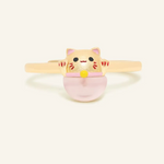 Fortune cat ring crafted in yellow gold, featuring a playful cat motif resting on a polished rose quartz gemstone, symbolizing luck and positivity.