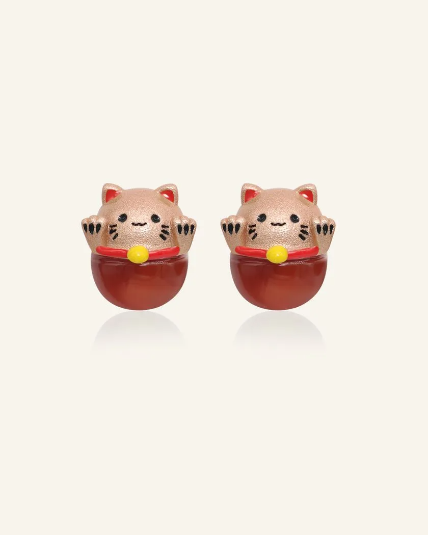 Fortune cat studs featuring red agate and rose gold details, designed to bring luck and charm to your look.
