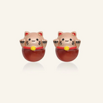Fortune cat studs featuring red agate and rose gold details, designed to bring luck and charm to your look.