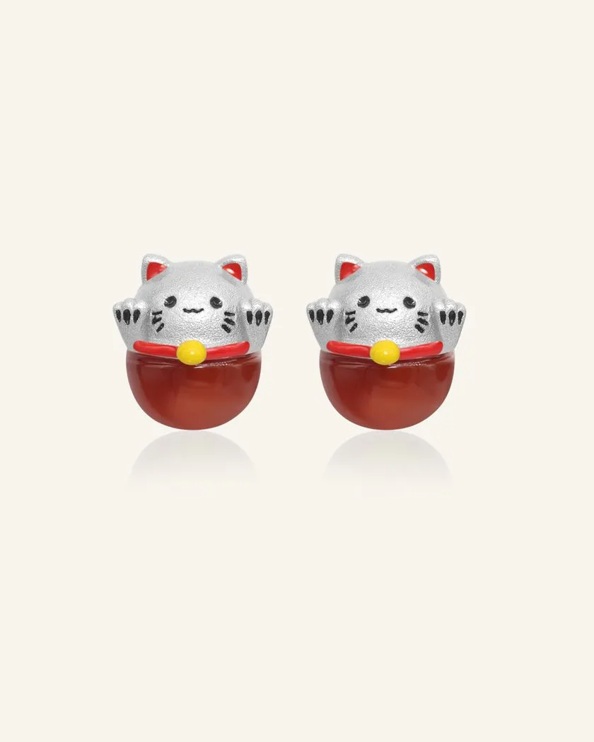 Fortune cat studs featuring red agate and silver details, designed to bring luck and charm to your look.