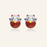 Fortune cat studs featuring red agate and silver details, designed to bring luck and charm to your look.
