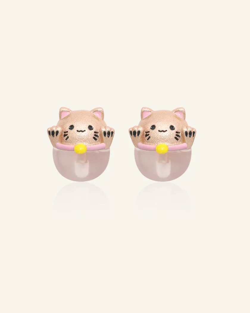 Rose gold fortune cat-inspired studs featuring adorable feline motifs perched on delicate rose quartz gemstones, symbolizing love and positivity.