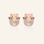 Rose gold fortune cat-inspired studs featuring adorable feline motifs perched on delicate rose quartz gemstones, symbolizing love and positivity.