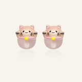 Rose gold fortune cat-inspired studs featuring adorable feline motifs perched on delicate rose quartz gemstones, symbolizing love and positivity.