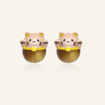 Rose gold fortune cat-inspired studs featuring adorable feline motifs, elegantly perched on polished tiger eye gemstones for a touch of charm and good fortune.