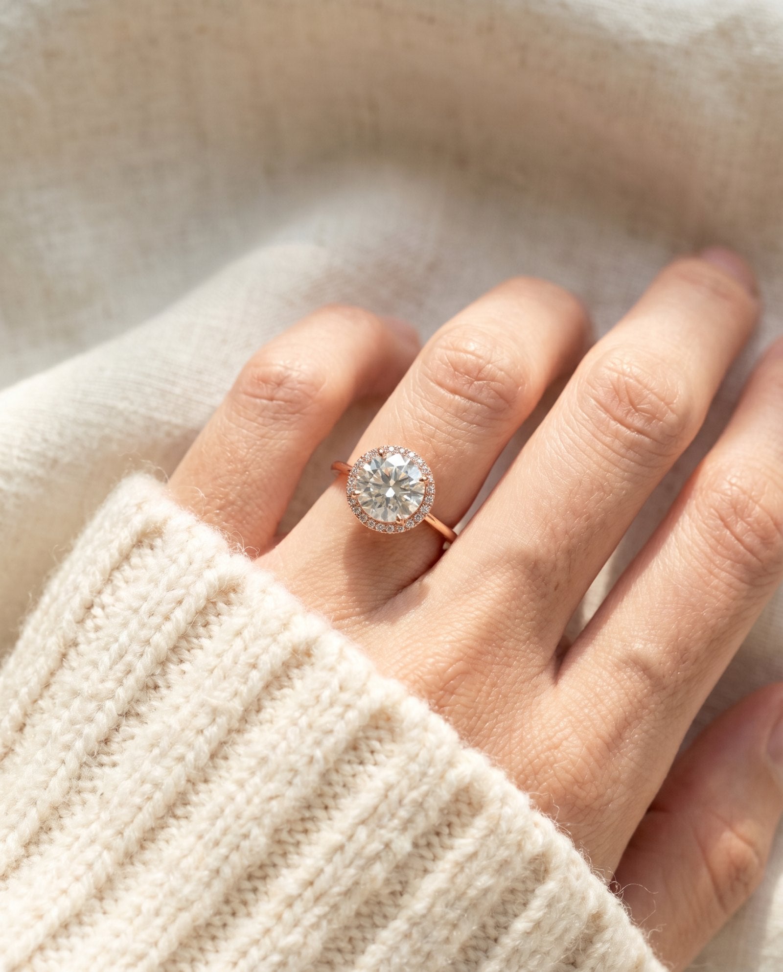 Side angle of the Grand Halo Ring in Rose Gold, demonstrating the classic raised setting and substantial 9mm moissanite depth.