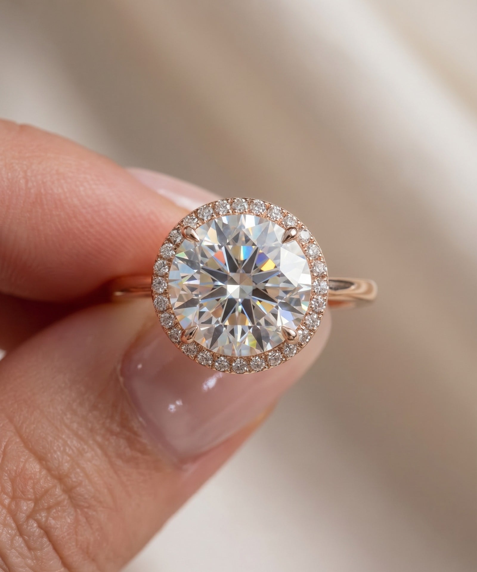 Extreme close-up macro view of Grand Halo Ring in Rose Gold, capturing the high clarity and fire of the 3ct moissanite.
