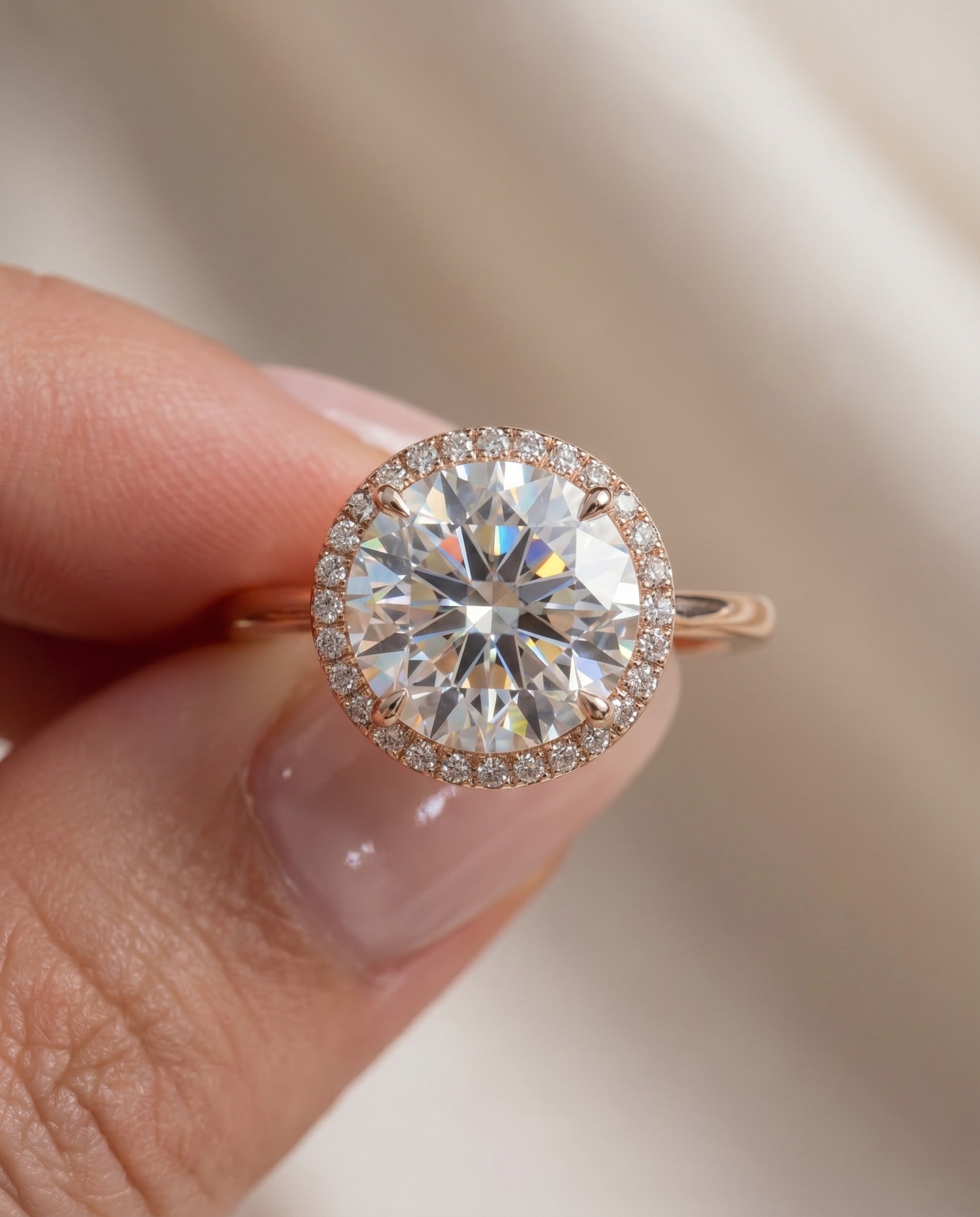 Extreme close-up macro view of Grand Halo Ring in Rose Gold, capturing the high clarity and fire of the 3ct moissanite.