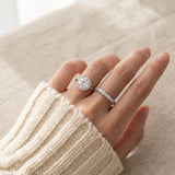 Lifestyle model shot of Grand Halo Ring in Silver, showing how the large 3-carat solitaire commands attention in natural light.