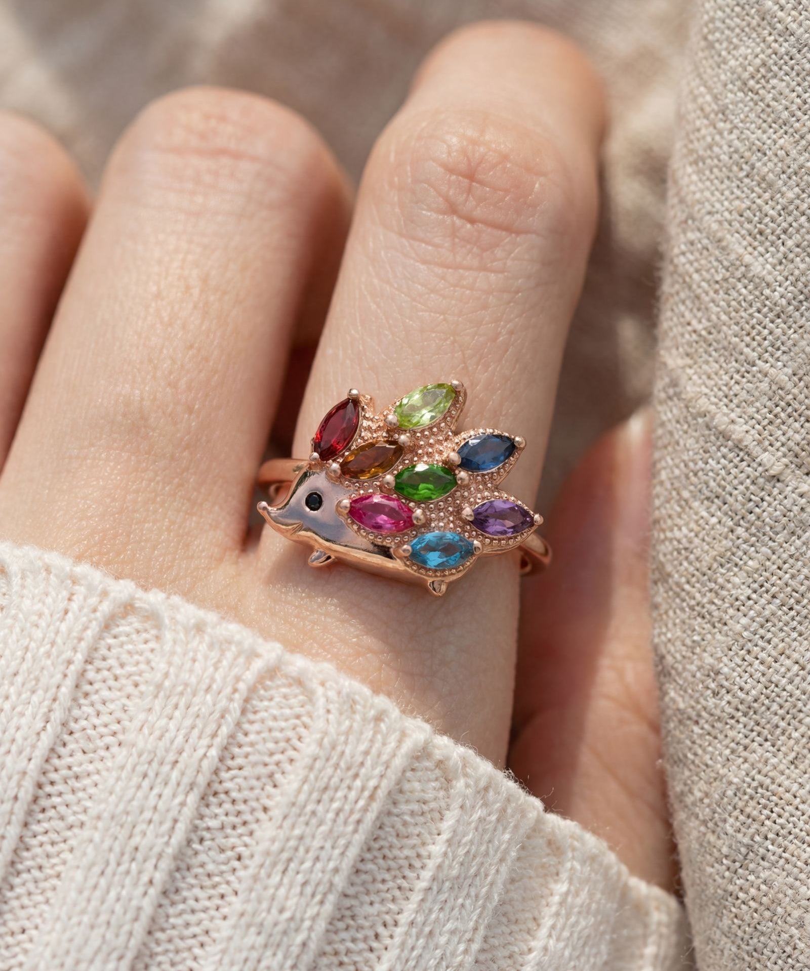 Hedgehog Ring (Multi-Gemstones) in rose gold, worn on a model