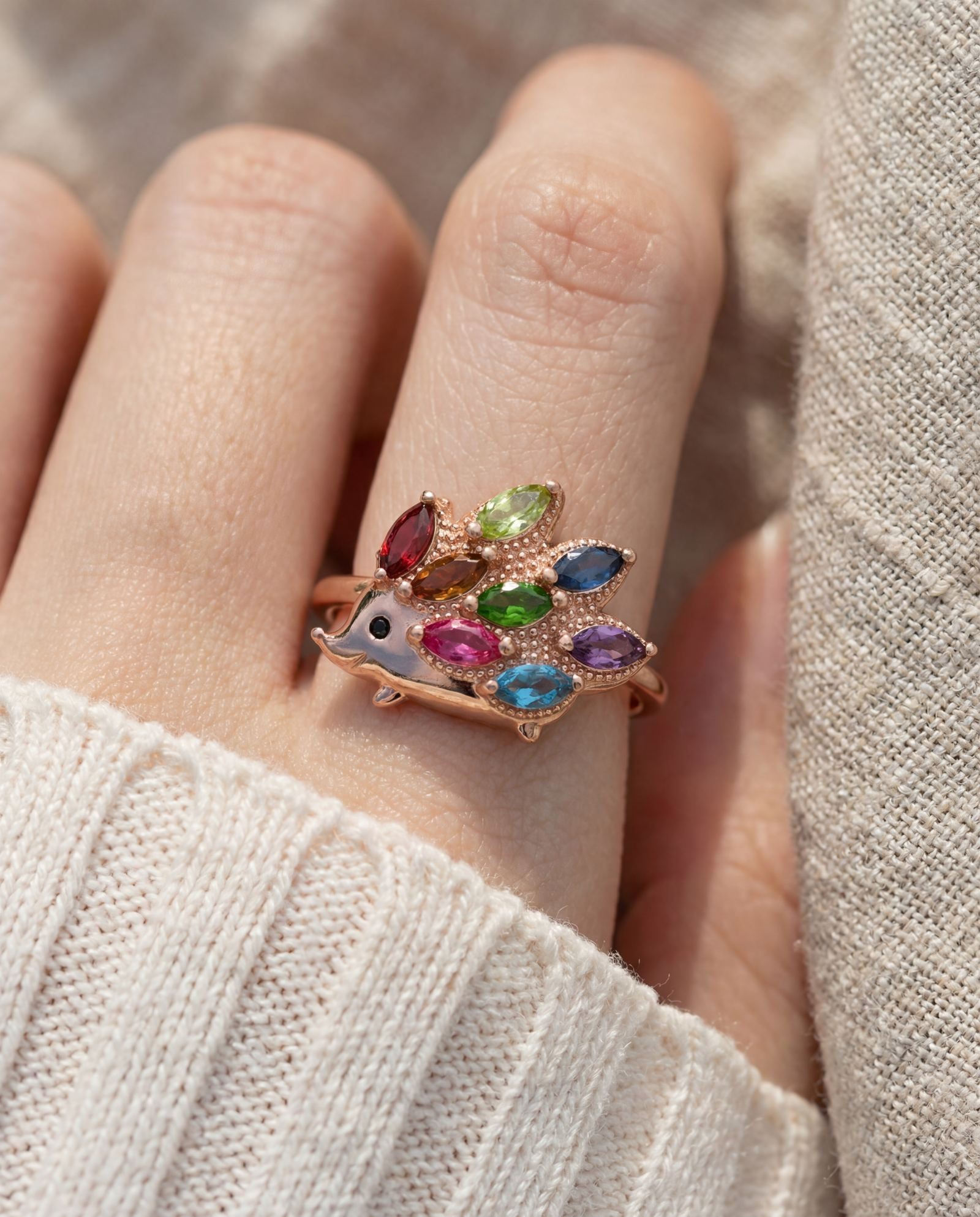 Hedgehog Ring (Multi-Gemstones) in rose gold, worn on a model