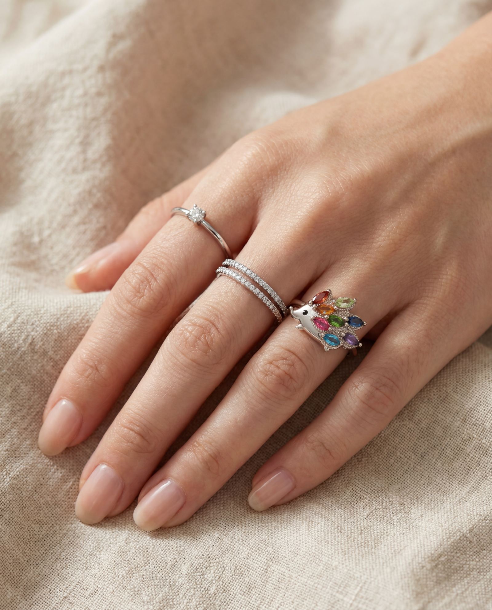 Hedgehog Ring (Multi-Gemstones) in silver, worn on a model