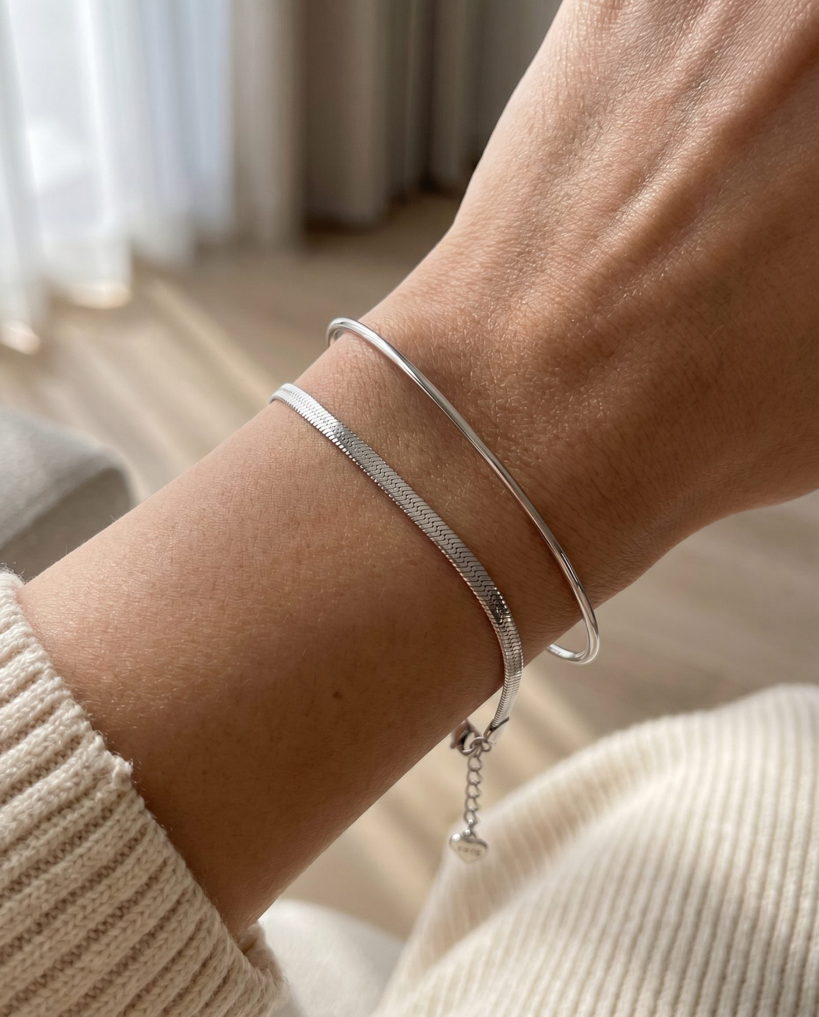 Herringbone Bracelet | Elate in silver, worn on a model