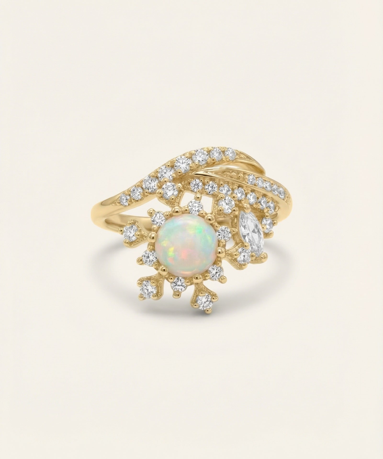 Lumina Opal Star Ring in 18k Yellow Gold plating over 925 Sterling Silver with starburst accents.