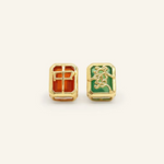 A pair of mahjong-themed stud earrings set in yellow gold, featuring one stud with a red agate stone displaying the Hong Zhong (Red Dragon) tile, and the other with a green agate stone adorned with the Qing Fa (Green Dragon) symbol.