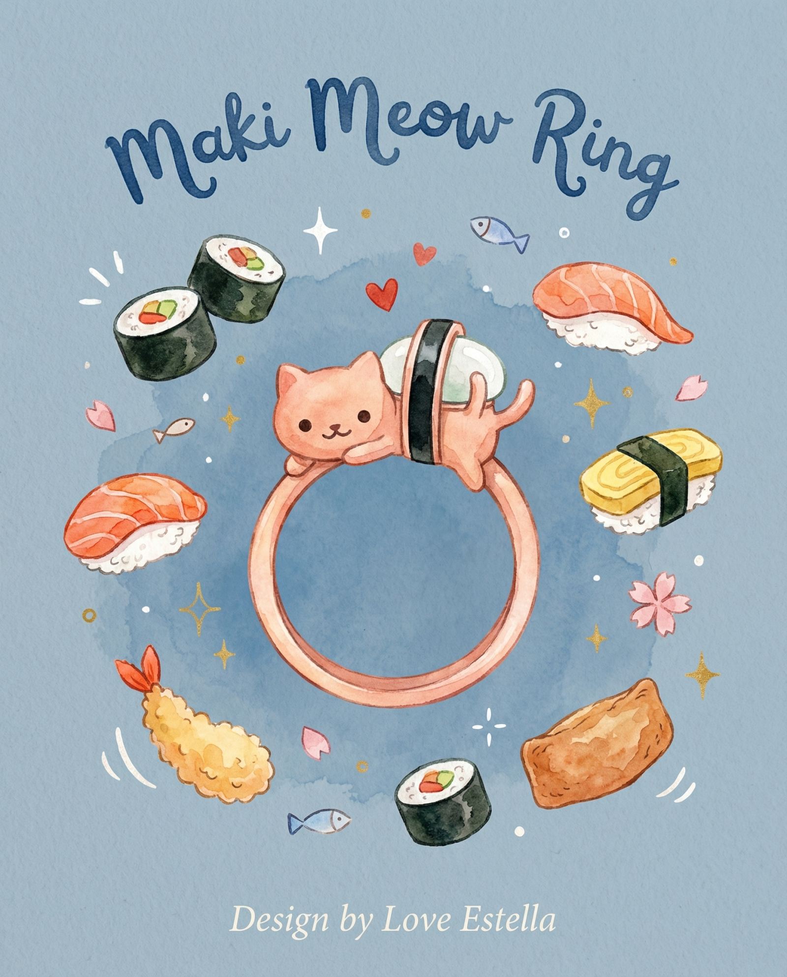 Illustration of the Maki Meow Sushi Ring | White Jade design