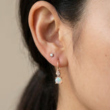 Atlas Opal Ear Drops in rose gold, worn on a model, alternate angle