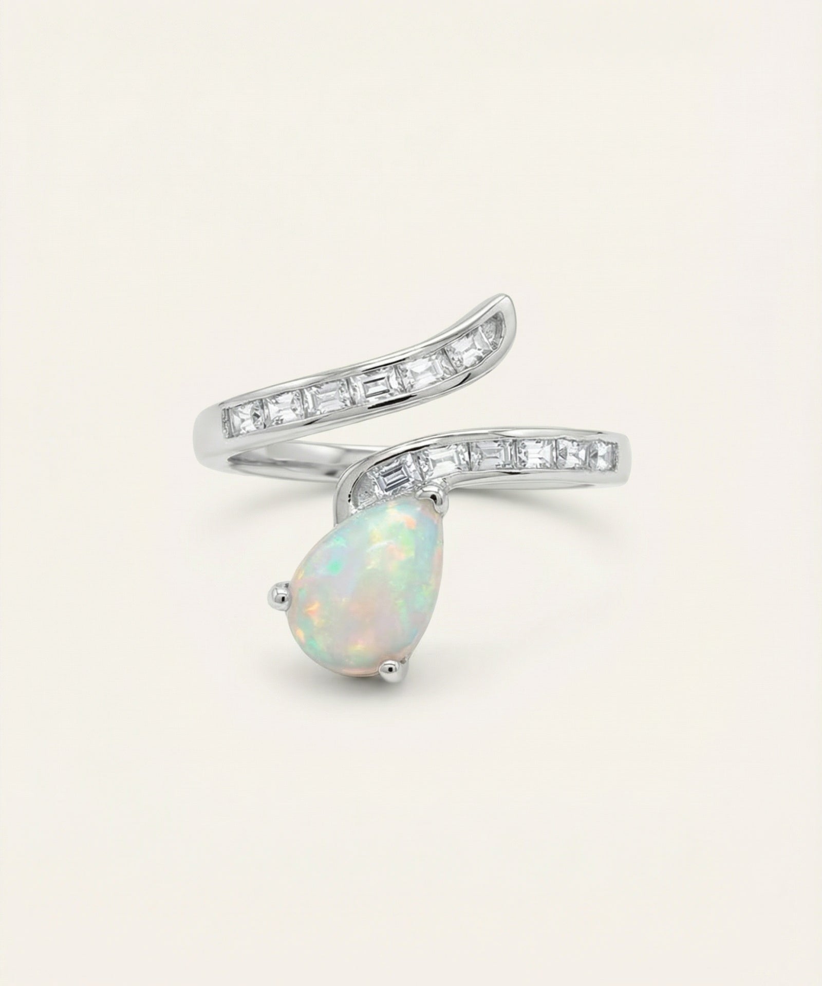 Opal Serpentine Ring with pear-cut natural opal and baguette stones in Rhodium over 925 Silver
