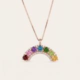 18k rose gold vermeil over the rainbow arc necklace displaying seven vibrant round-cut natural gemstones with a crystal border.