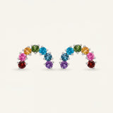 Pair of 925 sterling silver curved rainbow arc climber earrings with natural garnet, topaz, diopside, and amethyst.