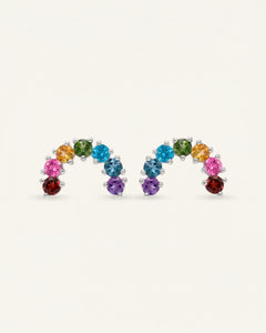 Pair of 925 sterling silver curved rainbow arc climber earrings with natural garnet, topaz, diopside, and amethyst.