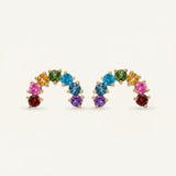 Pair of 18k gold vermeil over the rainbow arc studs featuring seven natural round-cut color gradient gemstones.