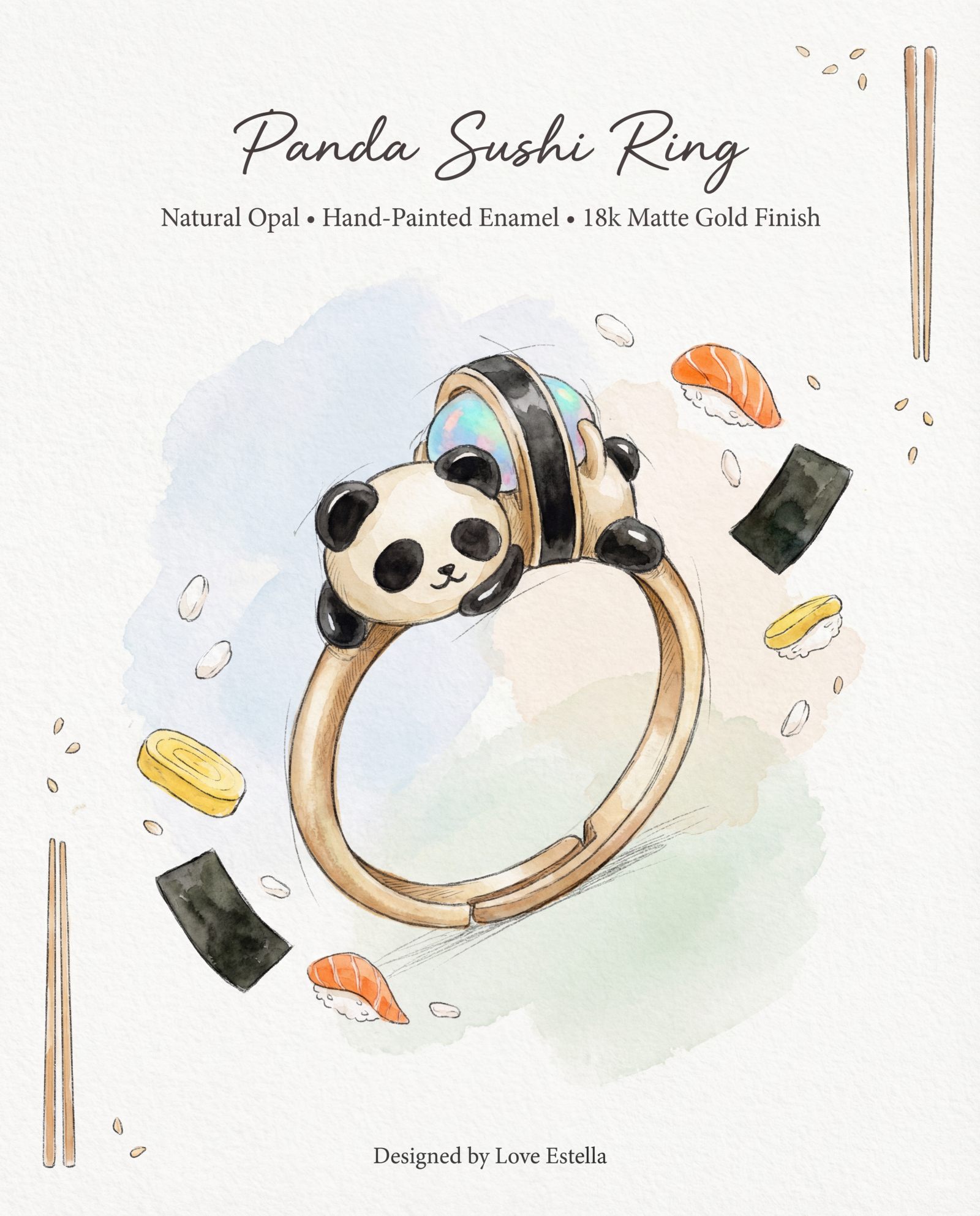 Illustration of the Panda Sushi Roll Ring (Opal) design