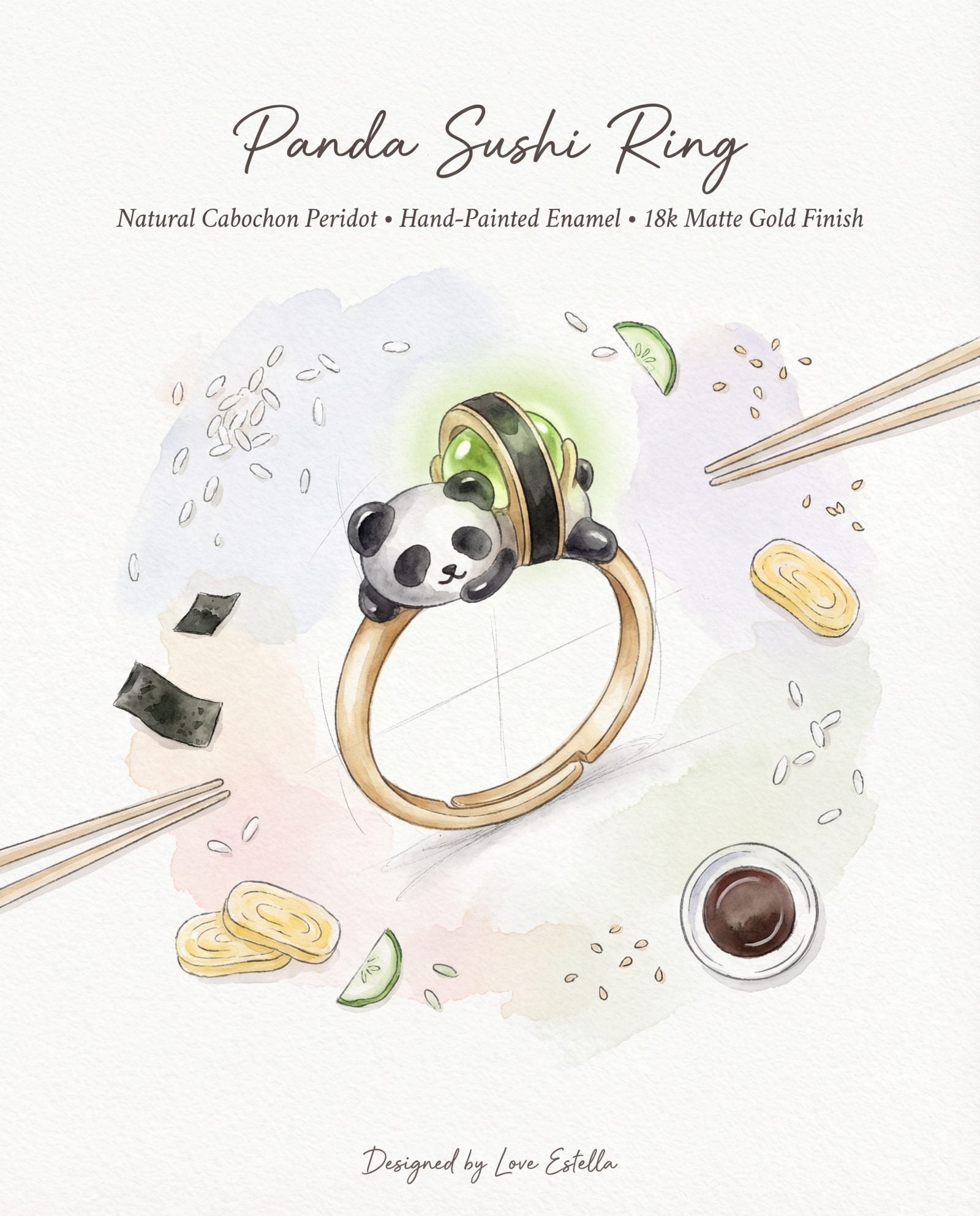 Illustration of the Panda Sushi Roll Ring (Peridot) design