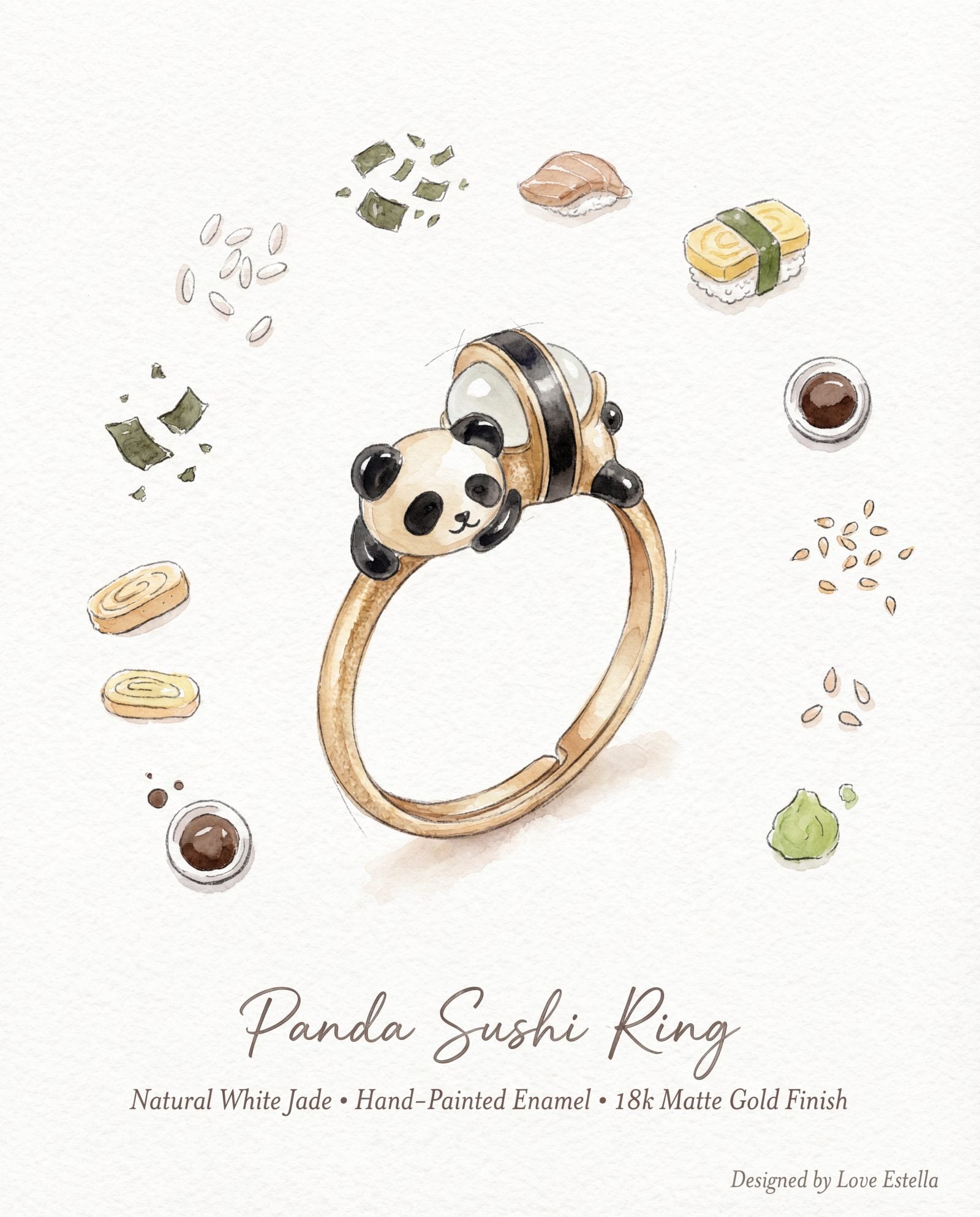 Panda Sushi Roll Ring (White Jade), illustration of the design