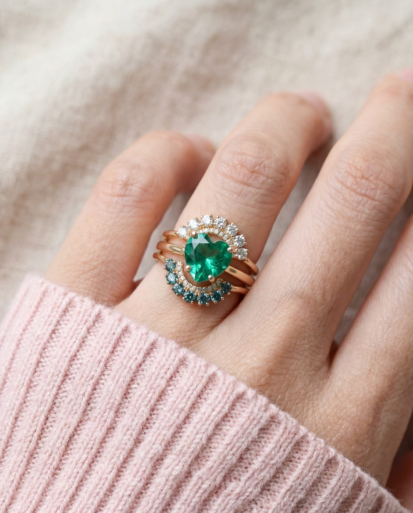 Paraiba Topaz Heart Ring | XL in rose gold, worn on a model, stacked