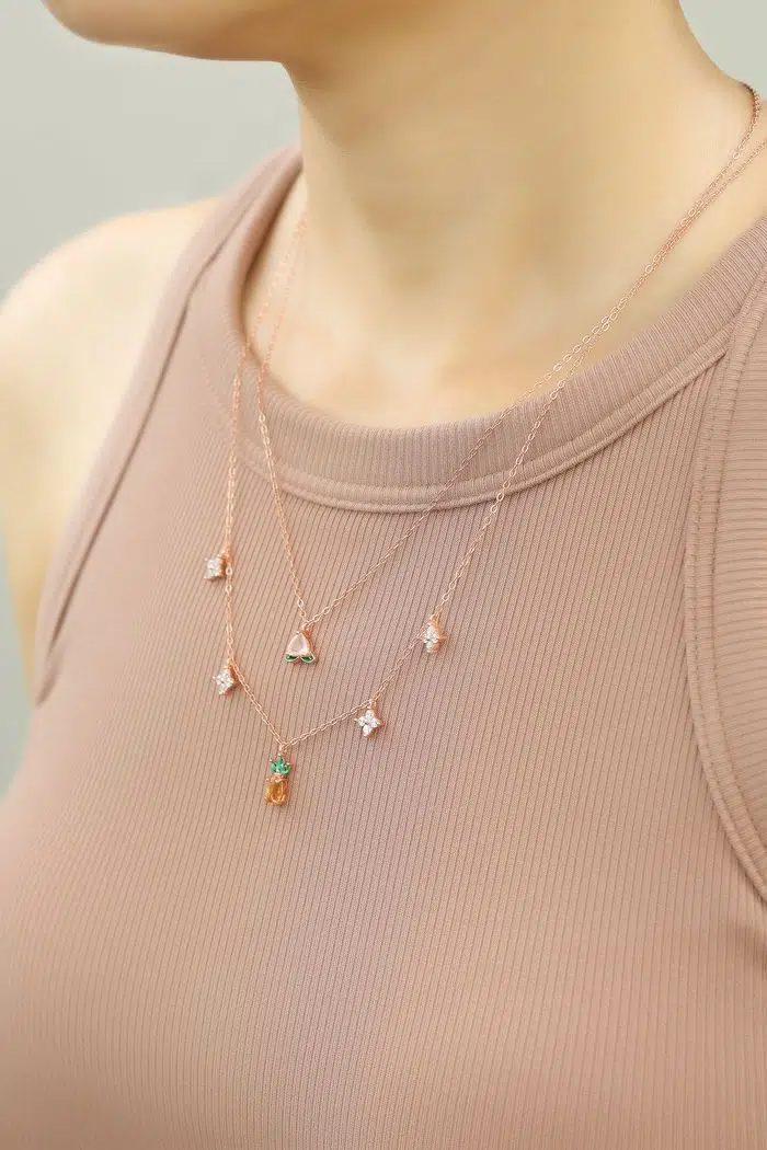Peach Blossoming Layered Necklace Model Side