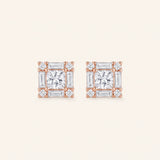 Pair of Petite Princess Mosaic Moissanite Stud Earrings in 18k rose gold vermeil with geometric baguette halo.