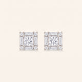 Pair of Petite Princess Mosaic Moissanite Stud Earrings in sterling silver with princess-cut center stone.