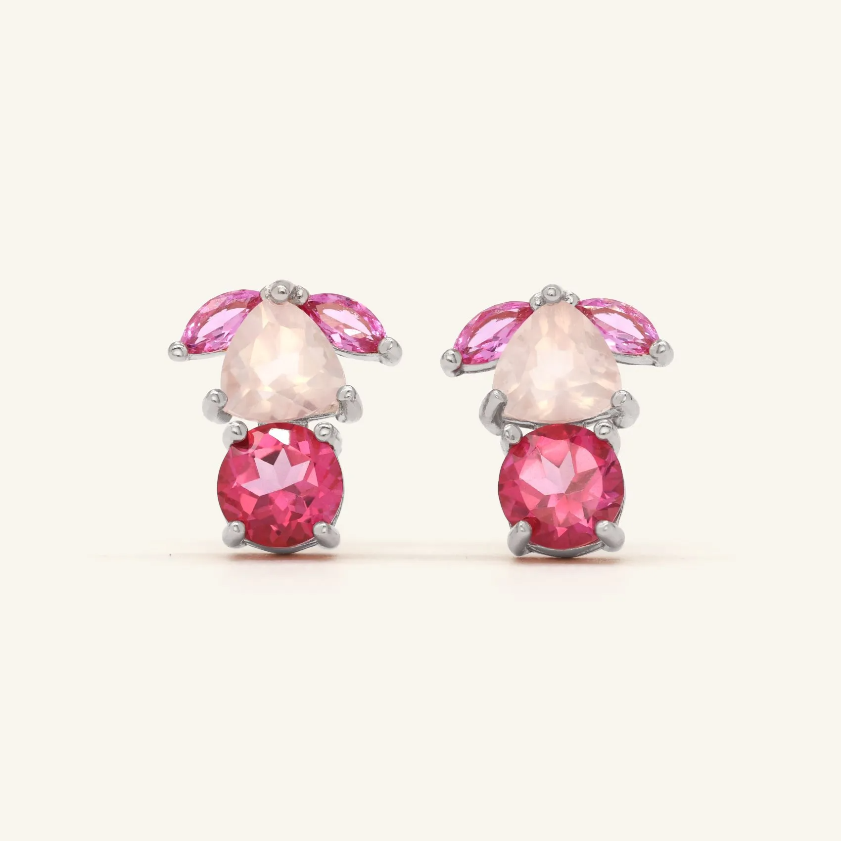 Piglet Origami Studs in silver, featuring a delightful design inspired by Piglet, adorned with soft rose quartz and vibrant pink topaz gemstones.