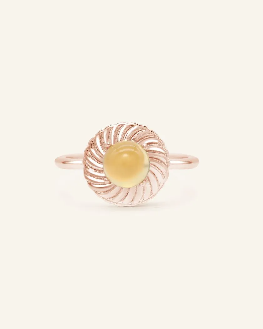 Handcrafted pineapple tart-inspired ring featuring a vibrant citrine gemstone set in a textured rose gold design, resembling the iconic treat.