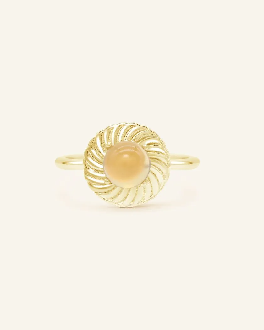 Handcrafted pineapple tart-inspired ring featuring a vibrant citrine gemstone set in a textured yellow gold design, resembling the iconic treat.