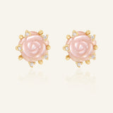 Handcarved Pink Shell Rose Studs